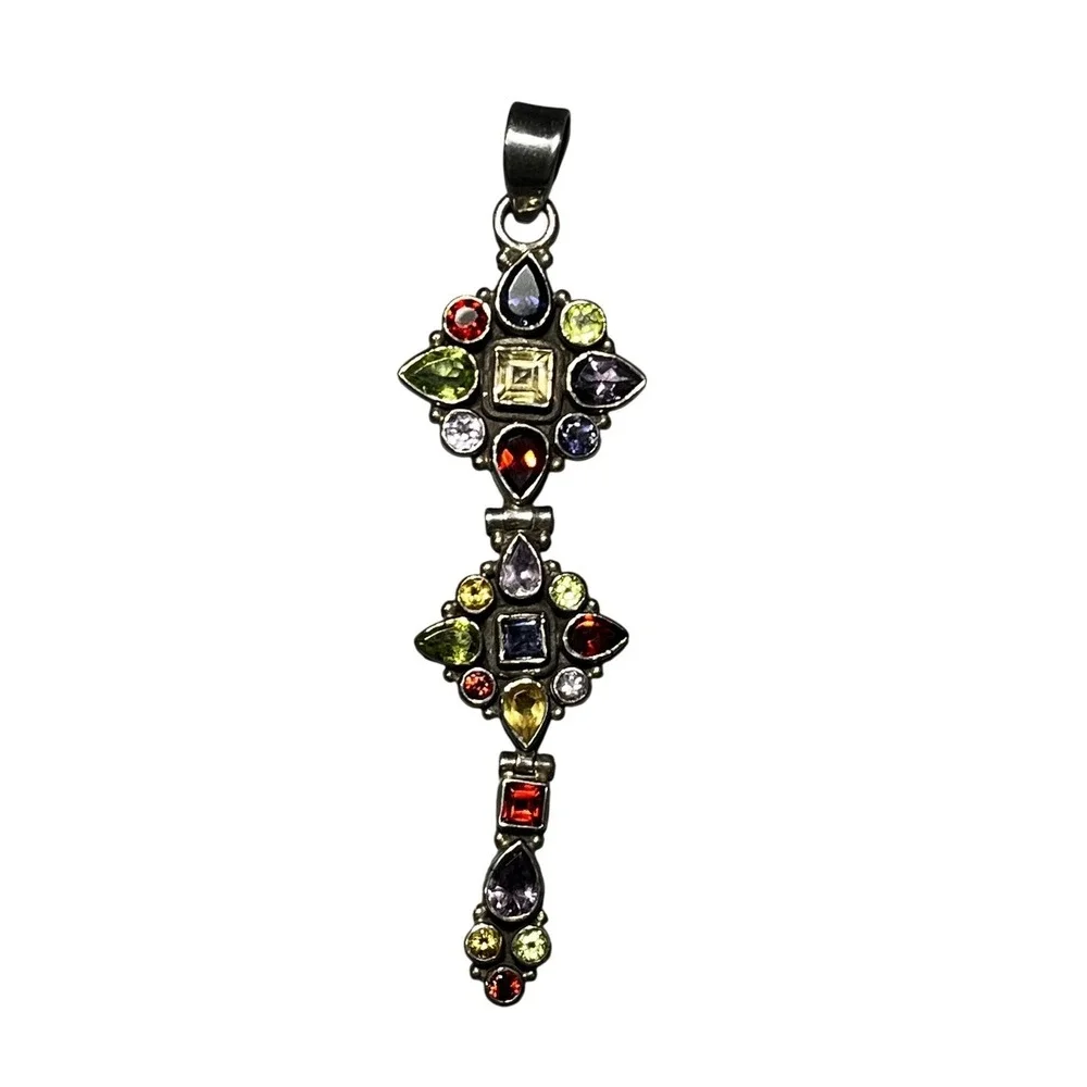 Sterling Silver Multi Gemstone Drop Pendant 925 Amethyst Peridot Garnet Boho